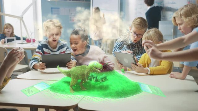 Group of School Children Use Digital Tablet Computers with Augmented Reality App, Looking at Educational 3D Animation - Dinosaur Walking on Island with Active Volcano. VFX, Special Effects Render