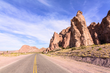 Roadside view of antique geological formation in Los Altares, Chubut, Patagonia, Argentina