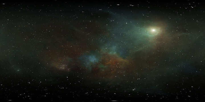360 degree space background with nebula and stars, equirectangular projection, environment map. HDRI spherical panorama.