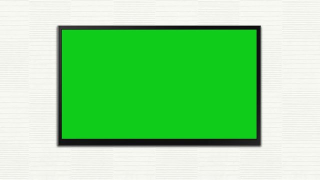 A green mock-up of a TV screen or interactive digital whiteboard in horizontal mode hangs on a light wall.