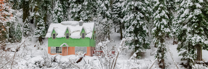 A colorful house isolated in the mountain, in the Sierra Nevada, California