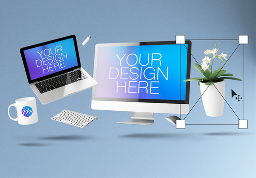 Floating Computer and Mobile Devices Mockup
