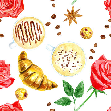 Croissant, coffee, roses, anise watercolor seamless pattern.