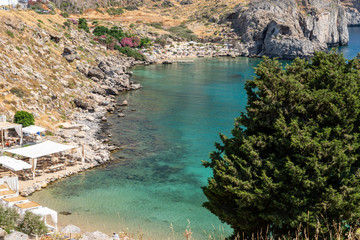 Scenic view at Saint Pauls bay in Lindos on Rhodes island, Greece