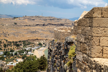 View from the acropolis at landscape around Lindos on Greek island Rhodes