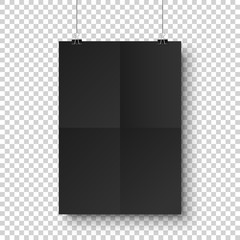 Realistic black hanging blank paper sheet with shadow in A4 format and paper clip, binder on transparent checkered background. Design poster, template or mockup. Vector illustration.