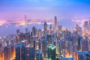 Hong Kong skyline view from Victoria peak before sunrise.