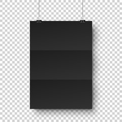 Realistic black hanging blank paper sheet with shadow in A4 format and paper clip, binder on transparent checkered background. Design poster, template or mockup. Vector illustration.