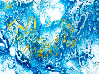 Fototapeta na wymiar Abstract art painting in blue colors with gold, creative hand painted background, marble texture