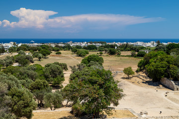 View from Mount Smith at the capital city Rhodes and the aegean sea in the background on Greek island Rhodes