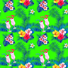 Naklejka premium Palm leaves, tropic flowers, pina colada pattern.