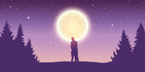 couple looks to the full moon in forest landscape at night vector illustration EPS10