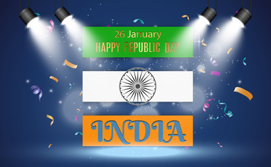  Republic of India congratulatory background. With beautiful golden text and confetti.