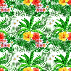 Fotobehang Tropische Bladeren Palmleaves, tropical flowers watercolor seamless pattern.   © Ilona