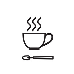 Vector cup and spoon icon. Flat illustration of cup with steam isolated on white background. Icon vector illustration sign symbol.