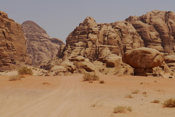 Fototapeta na wymiar famous Wadi Rum desert with different rock formations, Jordan, Middle East. UNESCO world heritage site