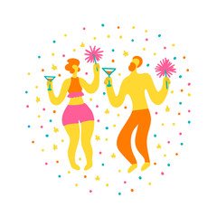 Fototapeta na wymiar Vector hand drawn illustration with man and woman in swimsuits. Man and woman having fun at a party. Couple in swimsuits with sparklers and glasses. Party on the beach