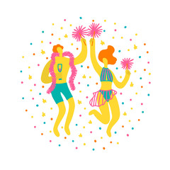 Vector hand drawn illustration with man and woman in swimsuits. Man and woman having fun at a party. Couple in swimsuits with sparklers and glasses. Party on the beach