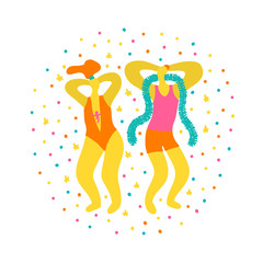 Vector hand drawn illustration with man and woman in swimsuits. Man and woman having fun at a party. Couple in swimsuits with sparklers and glasses. Party on the beach