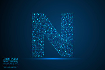 English letters abstract font consists 3d of triangles, lines, dots and connections. On a dark blue background cosmic universe stars, meteorites, galaxies. Vector illustration EPS 10.