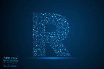 English letters abstract font consists 3d of triangles, lines, dots and connections. On a dark blue background cosmic universe stars, meteorites, galaxies. Vector illustration EPS 10.