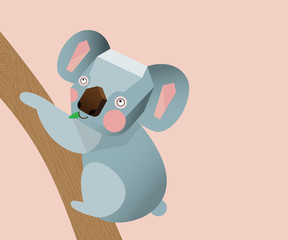 Cute Koala bear cartoon on a tree trunk with leaf in the mouth 