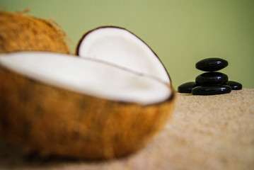 coconut, massage, sand, oil, coconut oil, obsidian, rocks, hot stones, alternative therapies, relaxation, meditation, decoration, interior, fruits, sea, beach, bottle, glass,