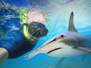 Underwater selfie with friend. Scuba diver and shark on coral reef. Hammerhead shark - Sphyrna mokarran near Bahamas. Adventure in blue sea.