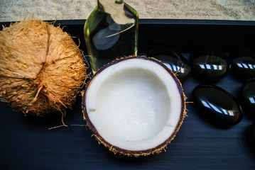 coconut, massage, sand, oil, coconut oil, obsidian, rocks, hot stones, alternative therapies, relaxation, meditation, decoration, interior, fruits, sea, beach, bottle, glass,