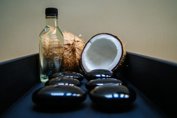 coconut, massage, sand, oil, coconut oil, obsidian, rocks, hot stones, alternative therapies,...