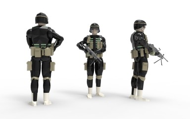 3d rendering of a soldier wearing equipement and uniform in studio.