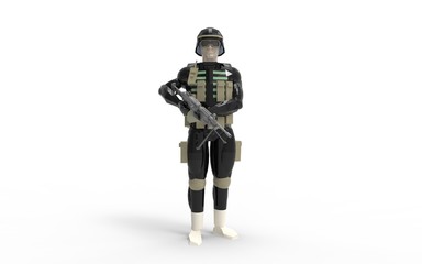 3d rendering of a soldier wearing equipement and uniform in studio.