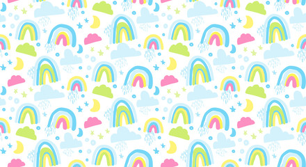 Seamless pattern with rainbow, clouds and stars in pastel colors.