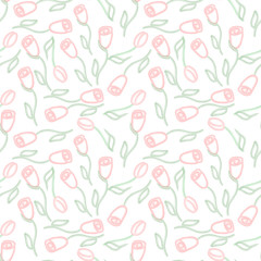 Seamless pattern of roses and tulips. Watercolor flowers. Rosebud. Flower illustration.Suitable for textiles. weddings. Gentle and cute drawing. Vector