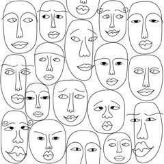 People's abstract faces with emotions, hand drawn different characters, seamless pattern background