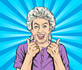 Happy old woman And satisfied, thumbs up. Pop art vector illustration drawing. Comic book work style.