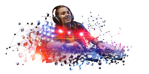 Female dj in nightclub. Mixed media