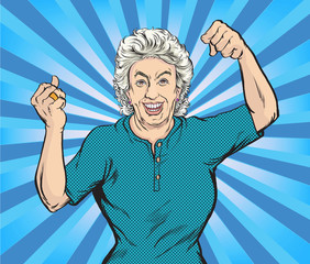 The old woman smiled happily and showed strength.Pop art vector illustration drawing,Comic book work style
