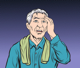 The old man who lost his memory didn't remember anything.Pop art vector illustration drawing. Comic book work style.