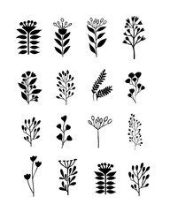 set of silhouettes of leaves