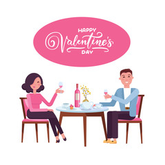 Young adult couple drinking red wine after romantic dinner together in elegant restaurant. Romantic Valentine's day date of man and woman in cafe. People in love greeting card