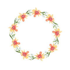 Obraz na płótnie Canvas Wreath of watercolor summer orange flowers on a white background. Use for wedding invitations, birthdays, menus and decorations