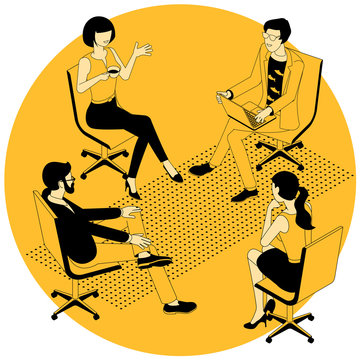 Flat Design Isometric Vector Concept For Group Therapy Session. Sitting In A Circle. People Participating In Group Therapy For Social Skills Training.