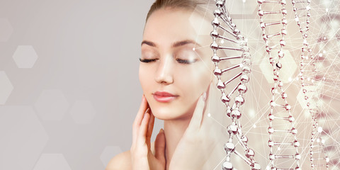 Beautiful sensual woman and glass DNA stems.