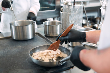Cooks prepare meals on an electric stove in a professional kitchen in a restaurant or hotel.