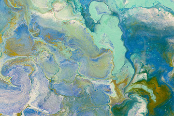 Fototapeta na wymiar Blue green red blur marbling texture. Creative background with abstract oil painted waves handmade surface. Liquid paint.
