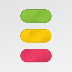 Obraz premium On and Off Blank Toggle Switch Oval Debossed Buttons Set Modern Devices User Interface Mockup or Template - Green Red and Yellow on White Background - Gradient Graphic Design