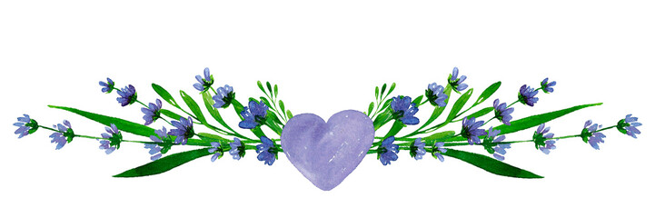 Arrangement of flowers and lavender branches. Watercolor illustration on a white background.