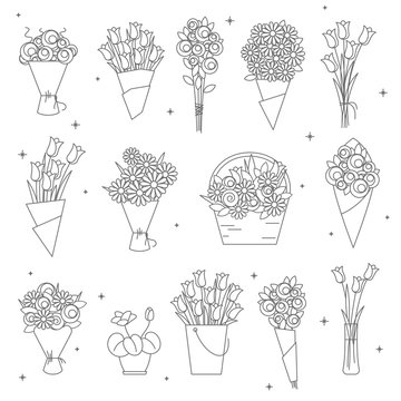 flowers and bouquet thin line icon set