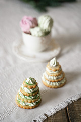 green, pink, marshmallows in a cup, herringbone-shaped cake